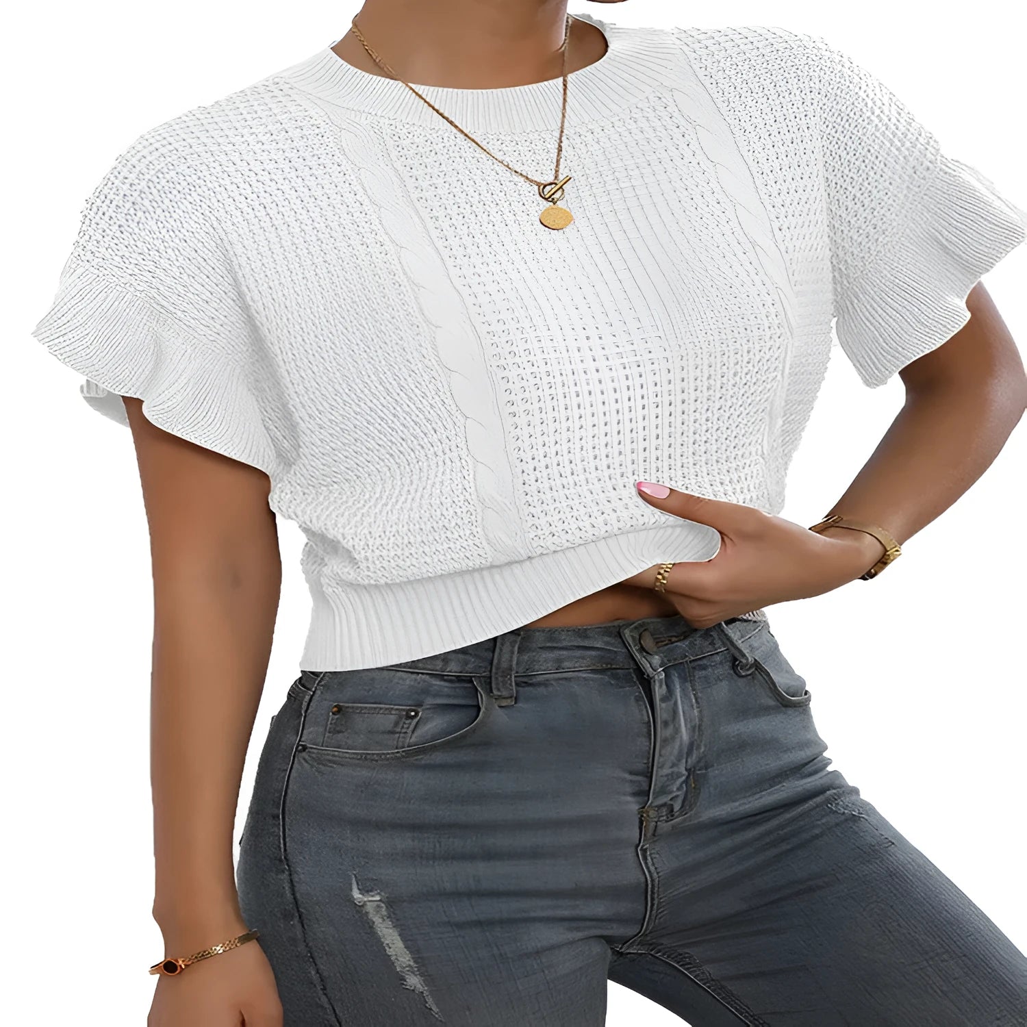 Women's twisted string and ruffled sleeve knitted pullover sweater in loose Japanese Korean style.