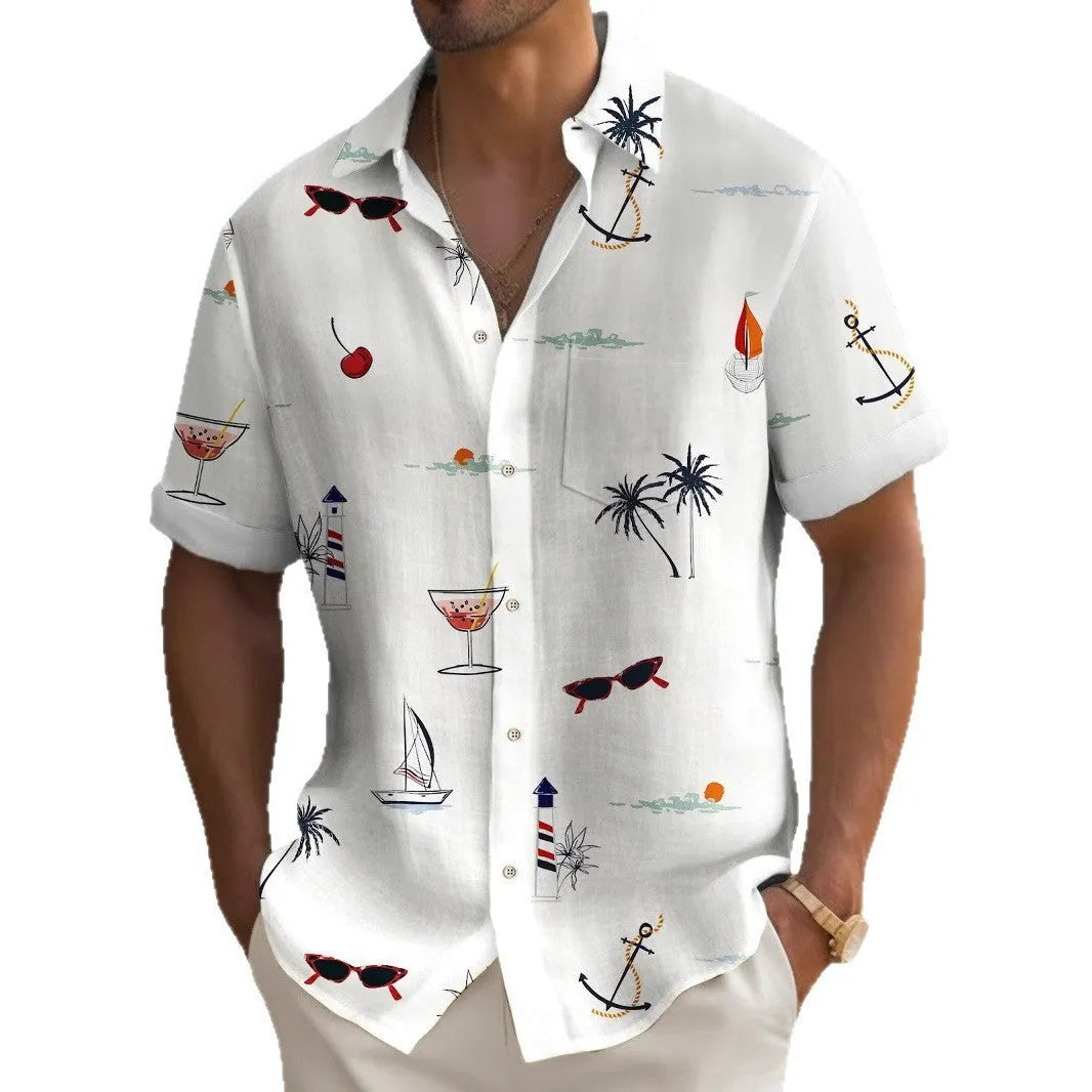 Man wearing a loose-fit, short-sleeve Hawaiian shirt with a colourful digital printed tropical pattern.