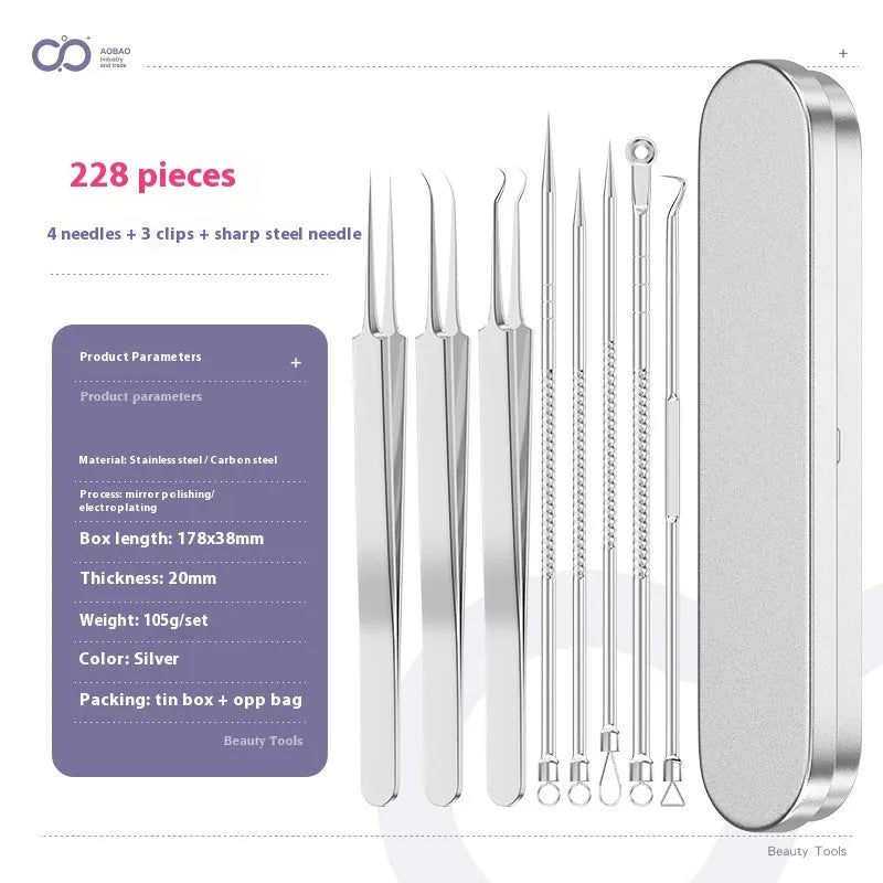Four silver metal acne needles with pointed tips for skincare extraction