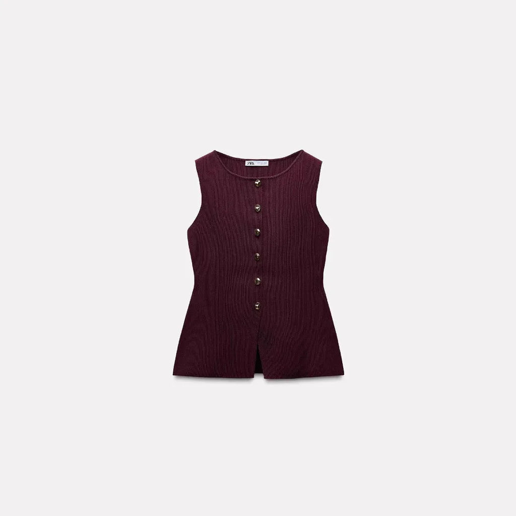 Dark red slim fit women's sleeveless sweater vest with 3D pattern detail and cardigan open front