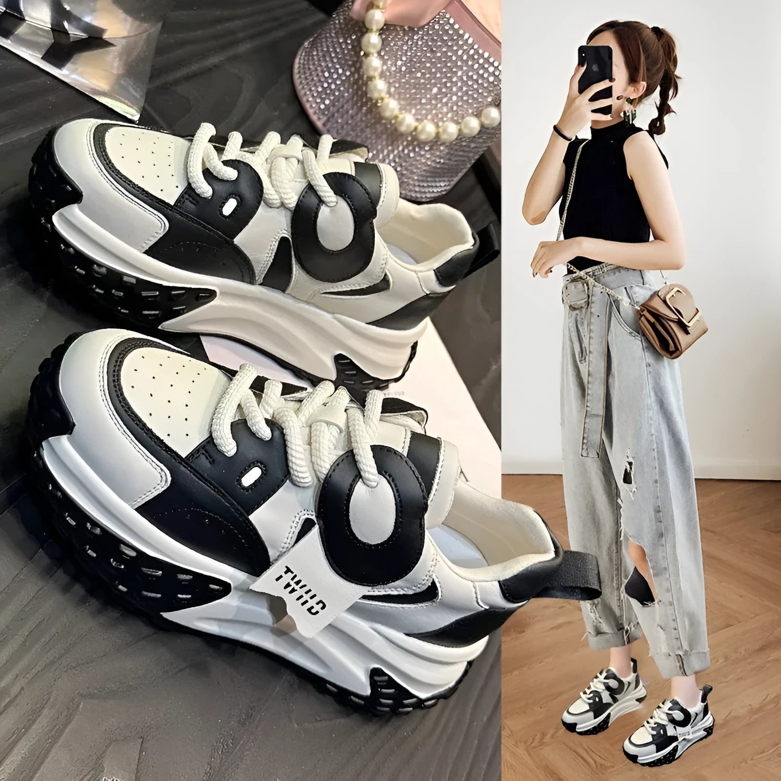 Women's thick-soled leather sports casual shoes in silver colour with round toe and lace-up front.