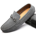 Men's black slip-on leather shoes with square toe and decorative stitching