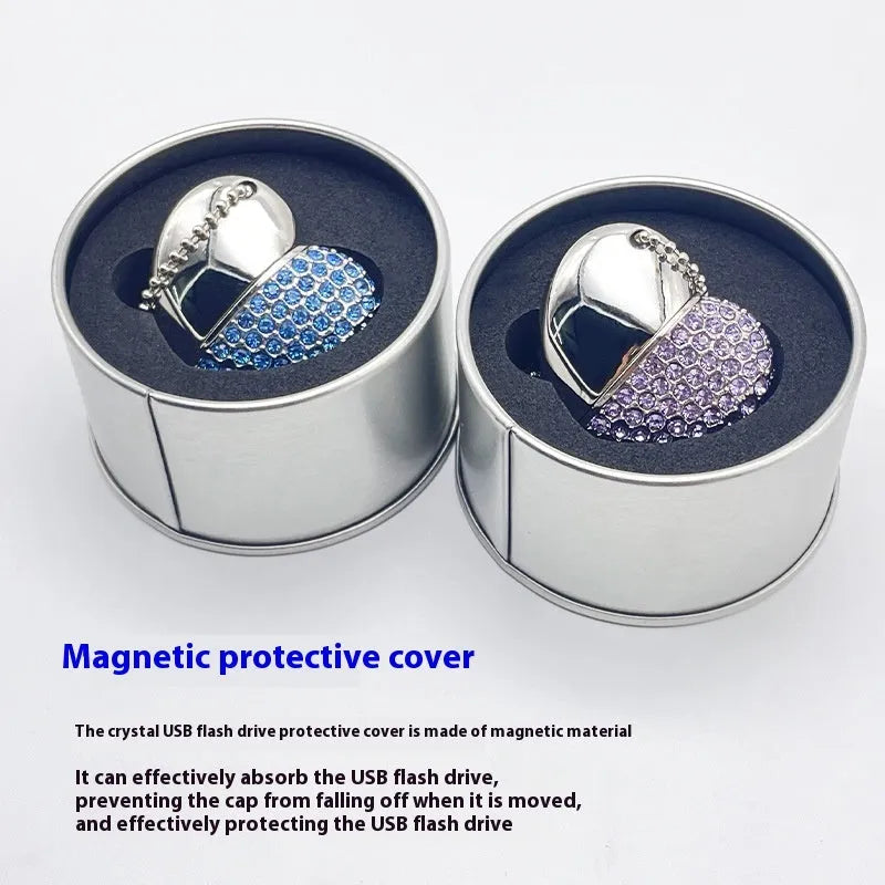 Blue heart-shaped metal USB flash drive with a brick pattern design on a white background.