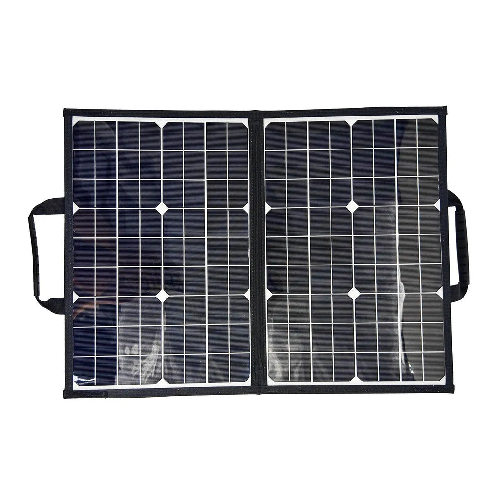 Black 40W foldable solar panel charger shown in its carry bag, with dimensions 425x285mm.