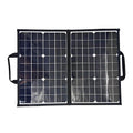 Black 40W foldable solar panel charger shown in its carry bag, with dimensions 425x285mm.