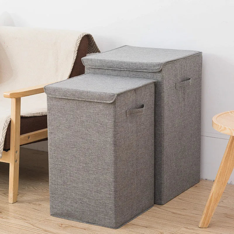 Grey foldable cotton linen clothes storage basket in a modern simple style