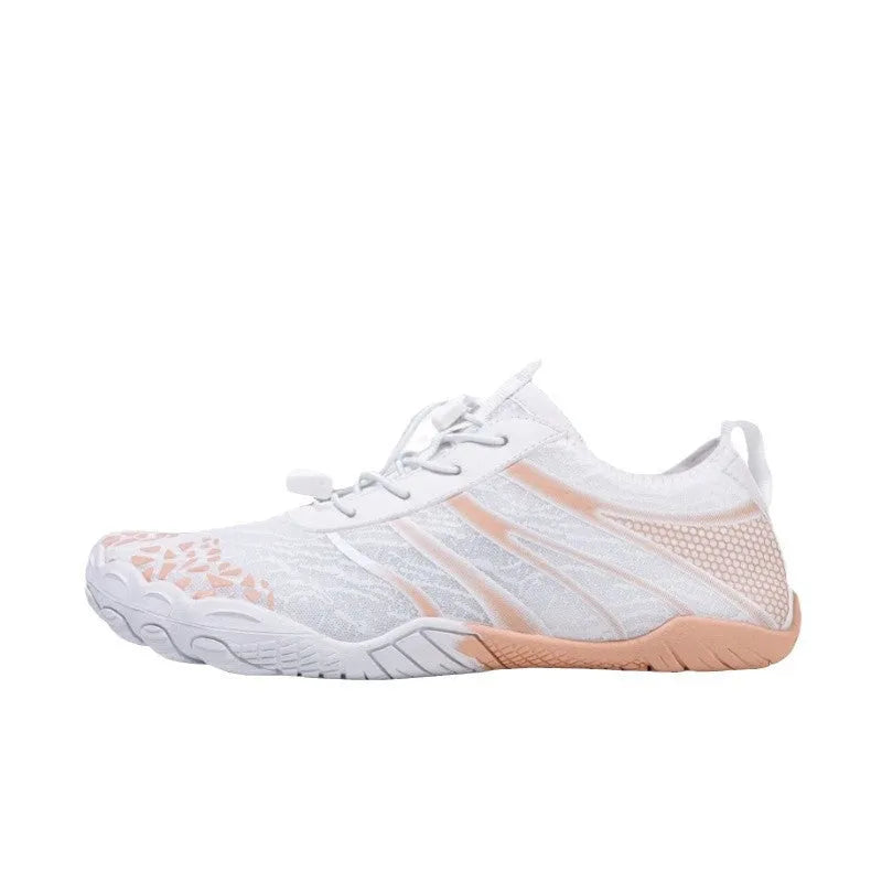 Men's casual running shoes with Lycra stretch upper for beach sports, shown in beige colour.