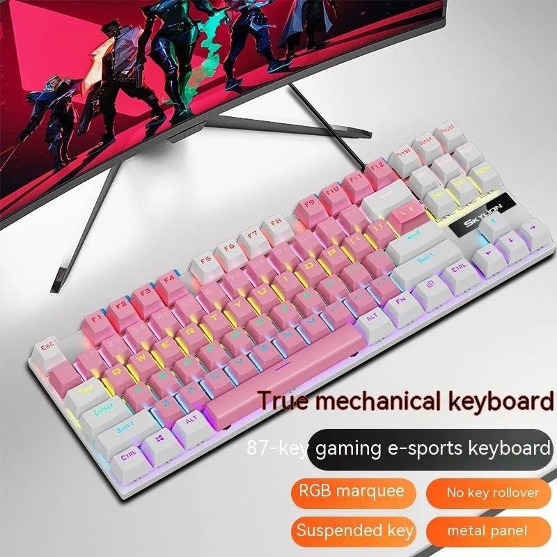 K87 mechanical wired keyboard with metal frame shown in blue white colour with green mechanical switches.