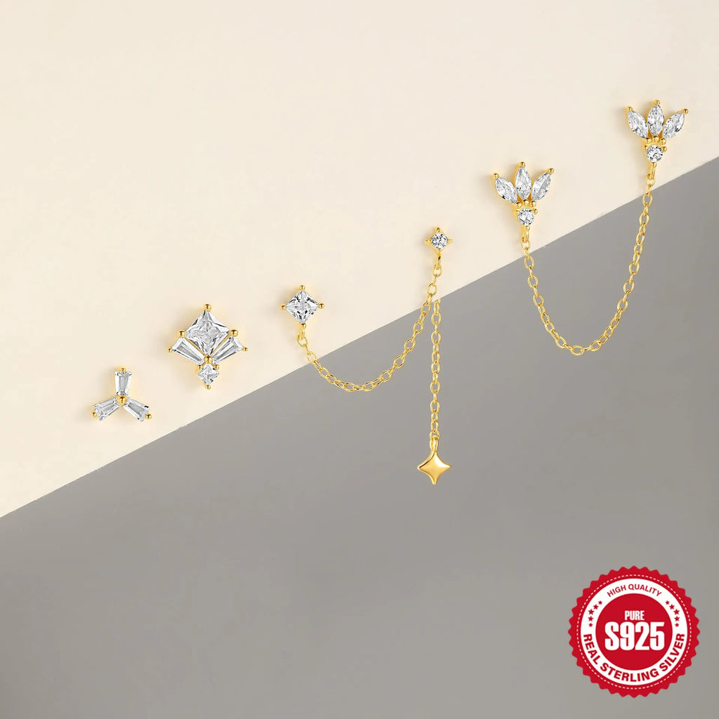 Golden geometric sterling silver earrings with zircon details for double piercings