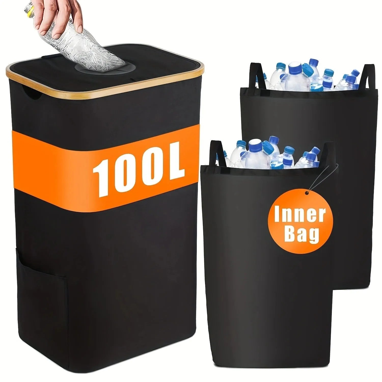 Black bamboo-style storage basket with removable lid and visible inner pockets made from Oxford cloth.