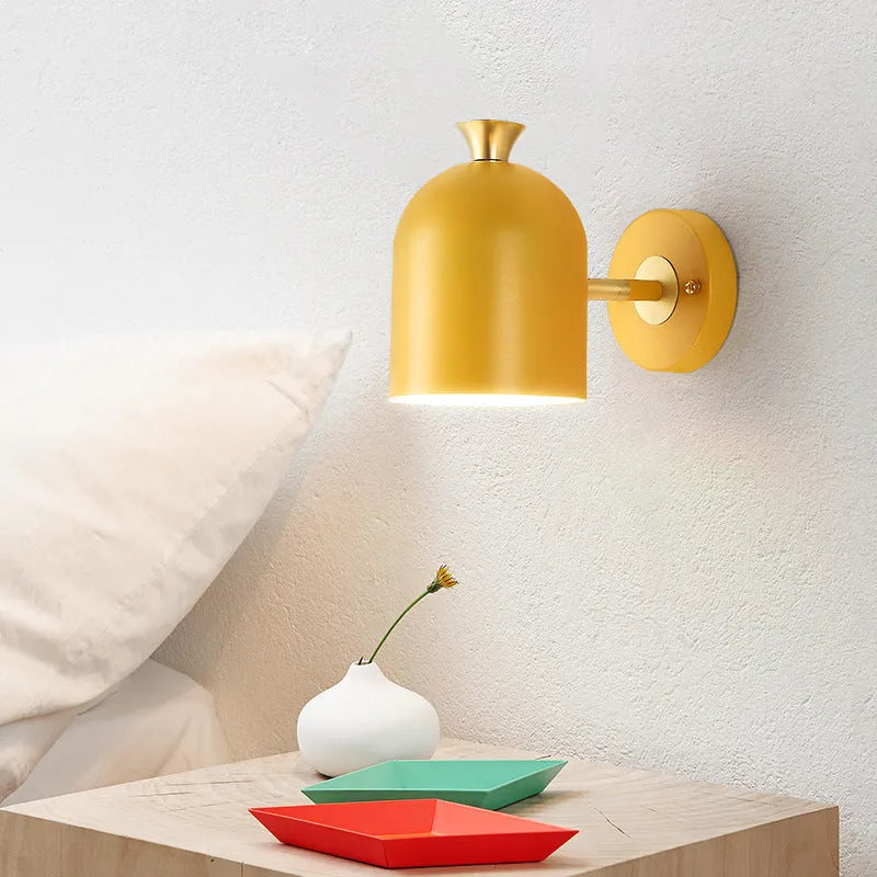Single-head aluminium wall lamp with mirror front for bedside lighting in yellow, green, blue, or pink options