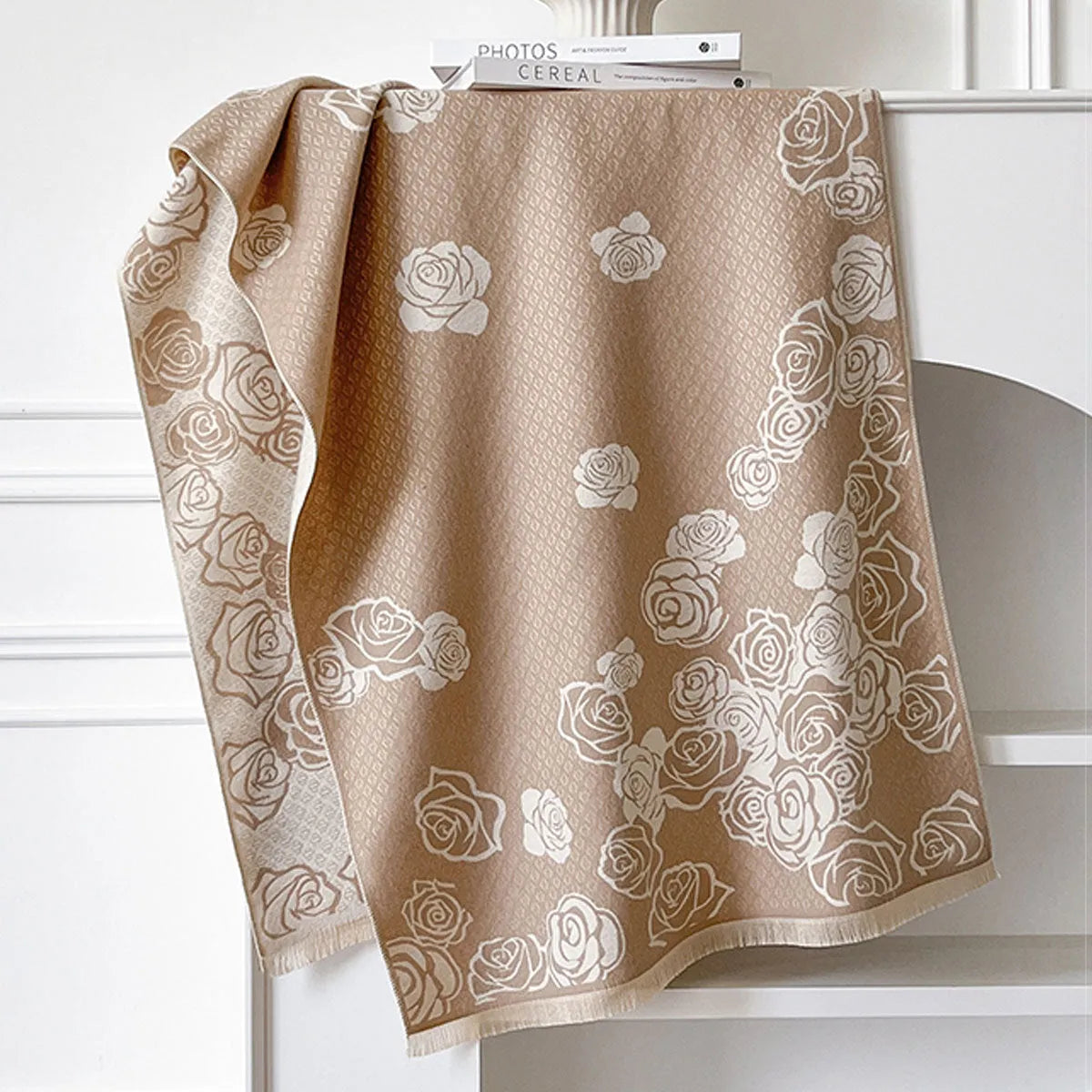 Thick winter scarf in imitation cashmere with tassel ends showing colour options