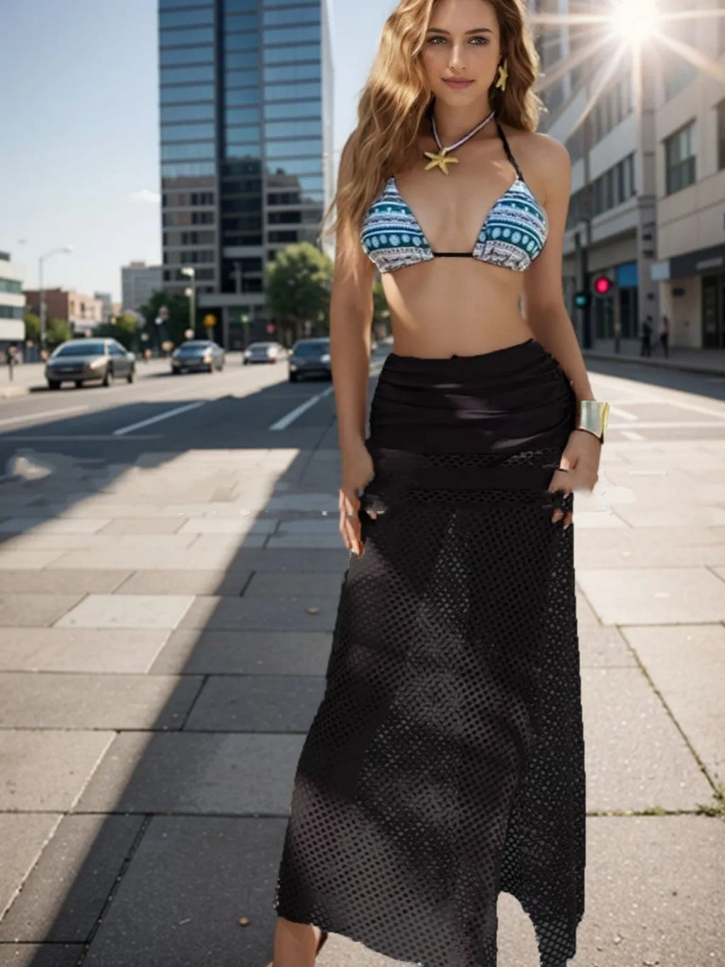 Women's three-piece bikini set with long fishnet skirt in gradient colours