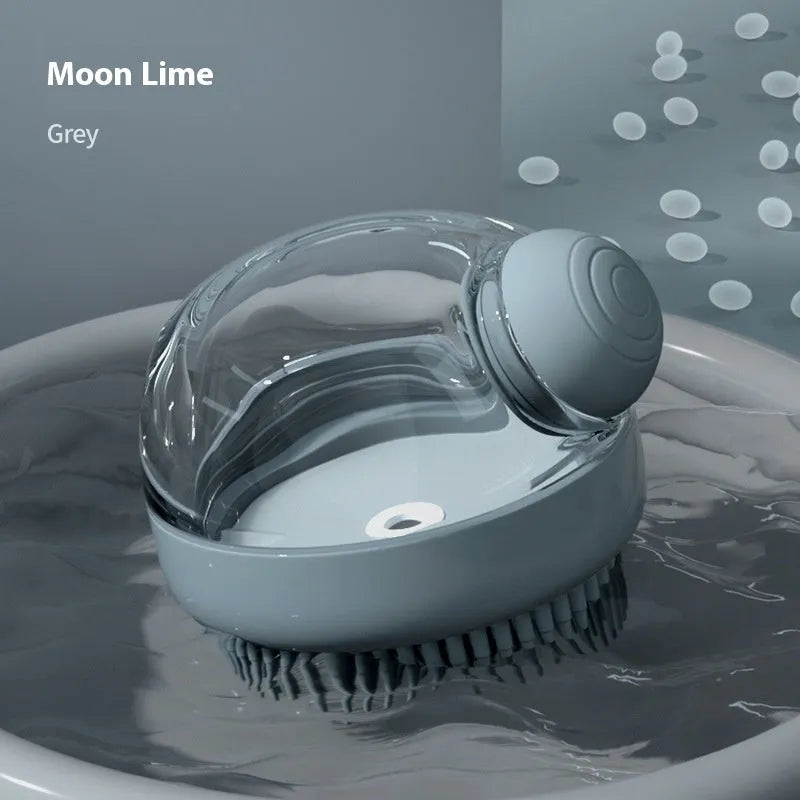 Pet bath silicone brush with liquid dispensing in Moonstone Gray for dogs