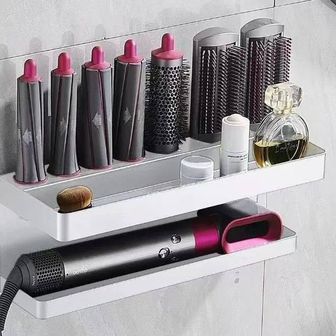 White double-layer aluminium bathroom storage rack with Marcel Waver shape holding hair curlers