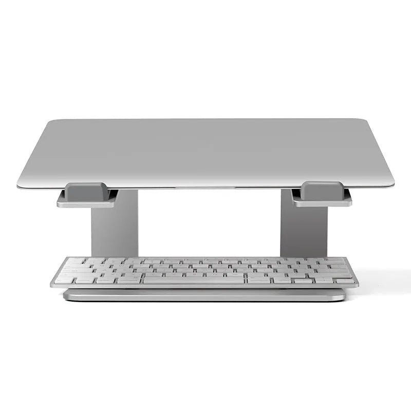 Aluminium alloy laptop stand on desktop in black colour with laptop elevated