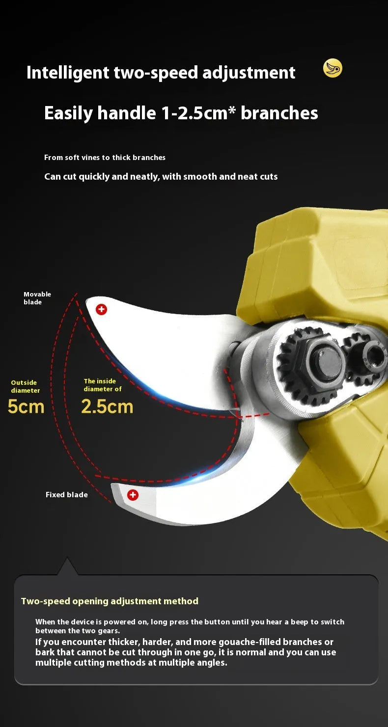 Cordless electric pruning shears with lithium battery in plastic storage case