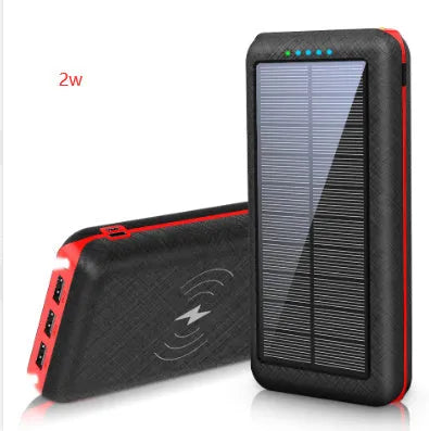 Black portable power bank with solar panel, wireless charging surface, and three USB output ports