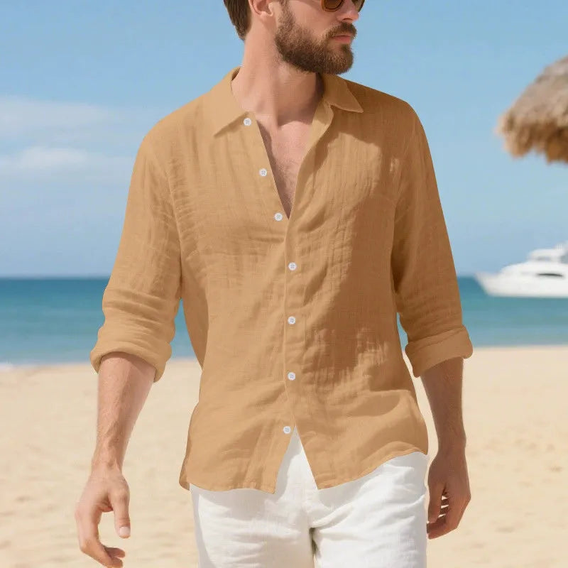 American-style loose-fit linen casual shirt in Army Green, laid flat to show button front and relaxed silhouette.