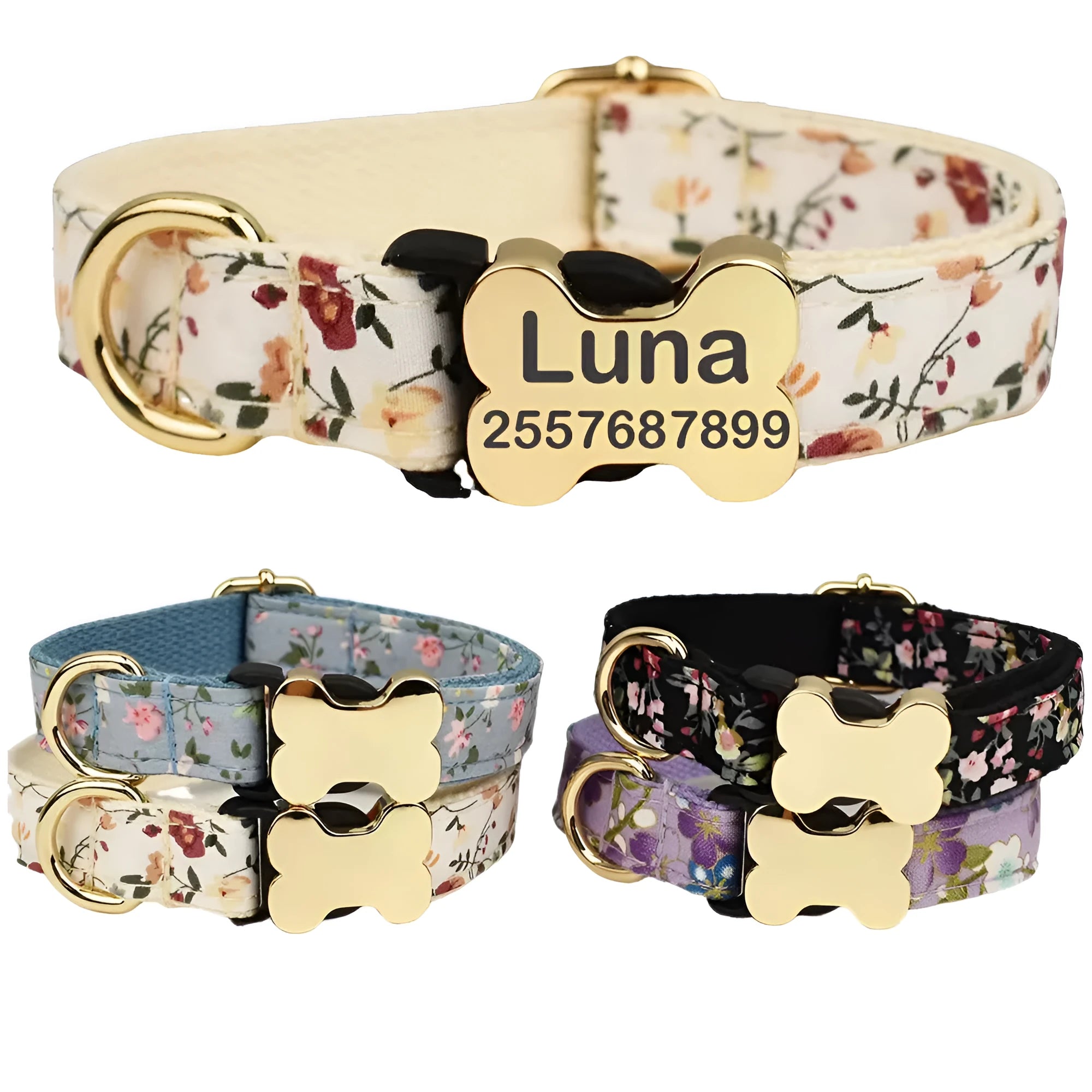 Flat fabric printed grid nylon dog collar with bone buckle in multiple colour options