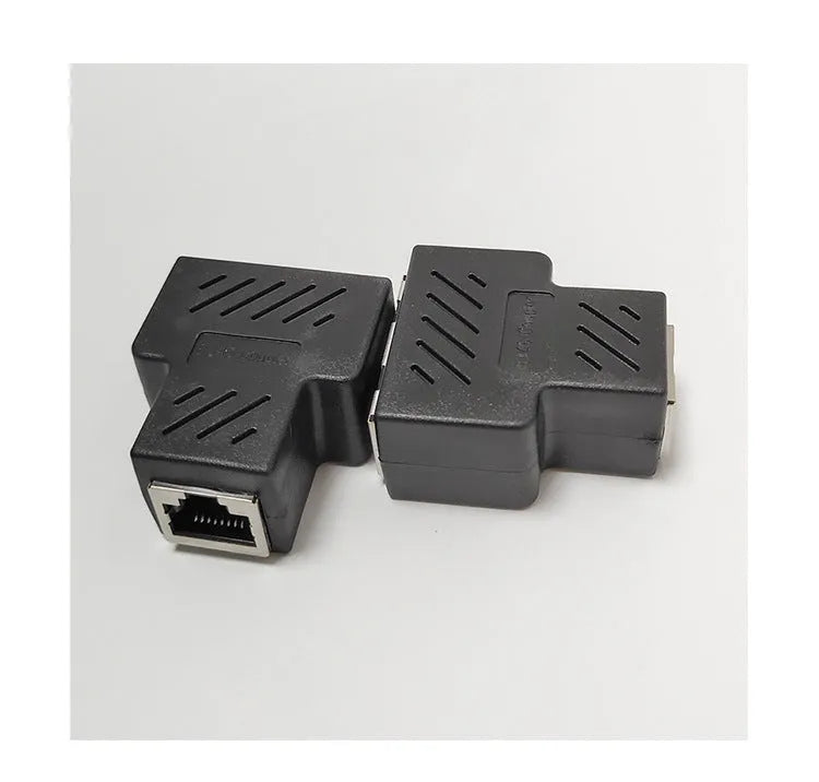 RJ45 network cable splitter adapter in five colour options showing one input and two output ports