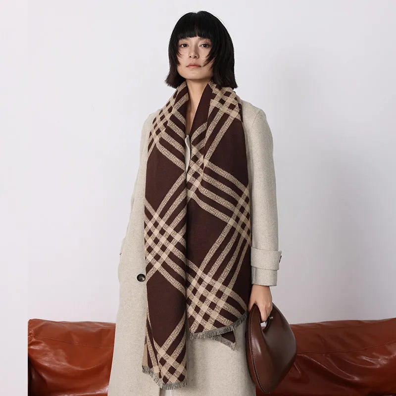 Cashmere-like scarf with tassel detailing in brown colour showing mid-length design