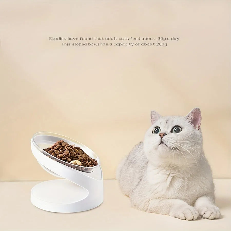 White elevated cat food bowl showing 5cm height and tilted angle design