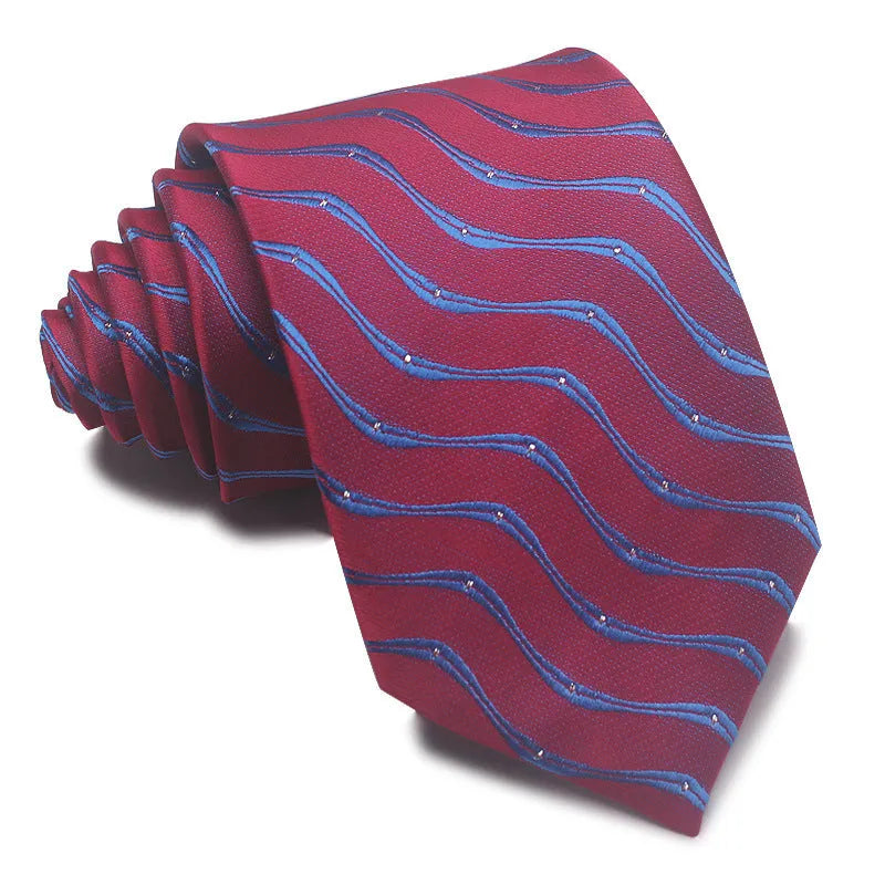8CM wide polyester jacquard striped business tie in arrow style showing red, black, and blue colour options