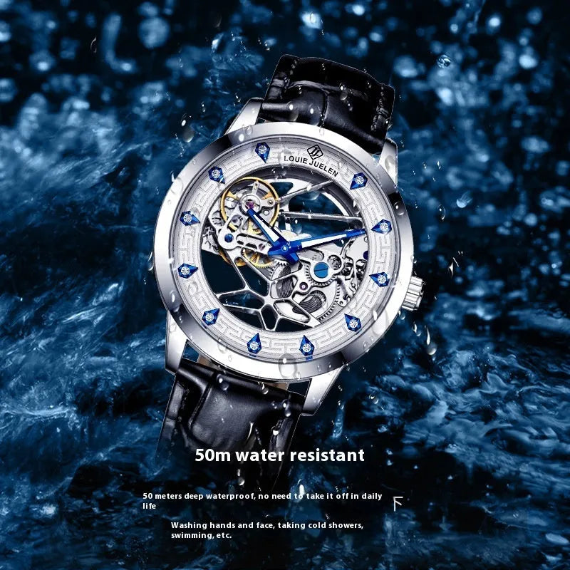 Men's silver stainless steel mechanical watch with white dial, blue luminous hands, and a black leather strap.
