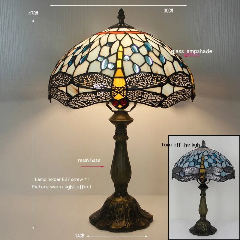 Stone table lamp with Tiffany-style dragonfly decoration in European design