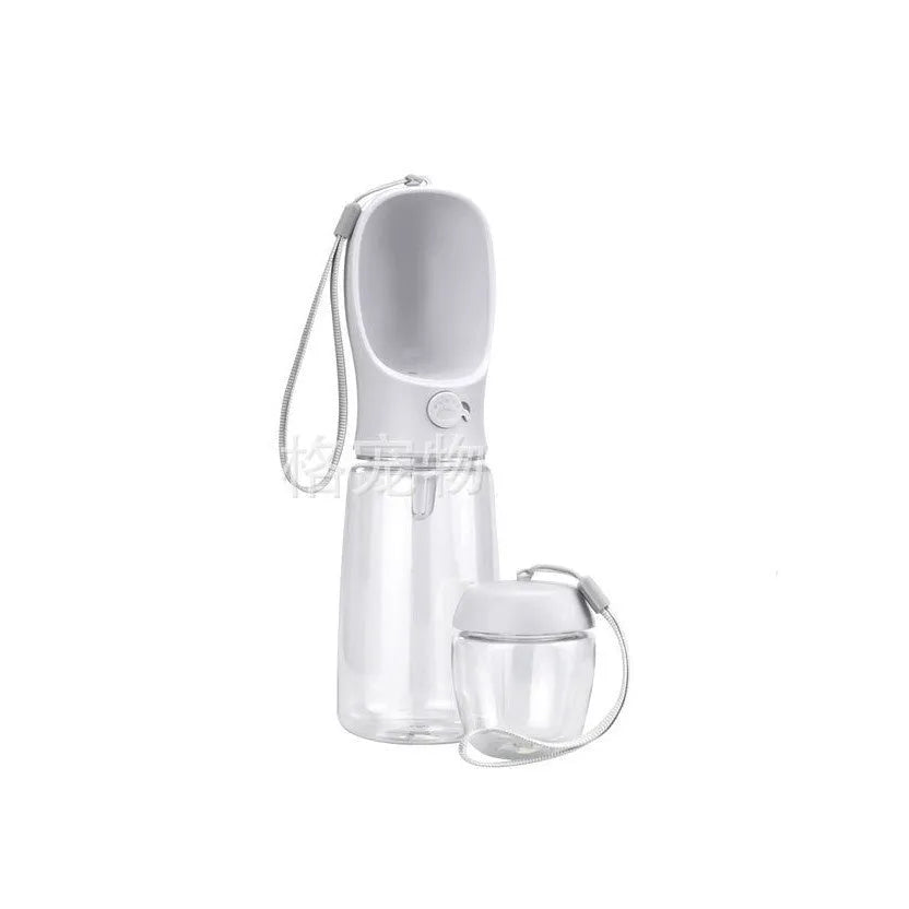 Portable blue dog water bottle with integrated drinking bowl showing split water grain design