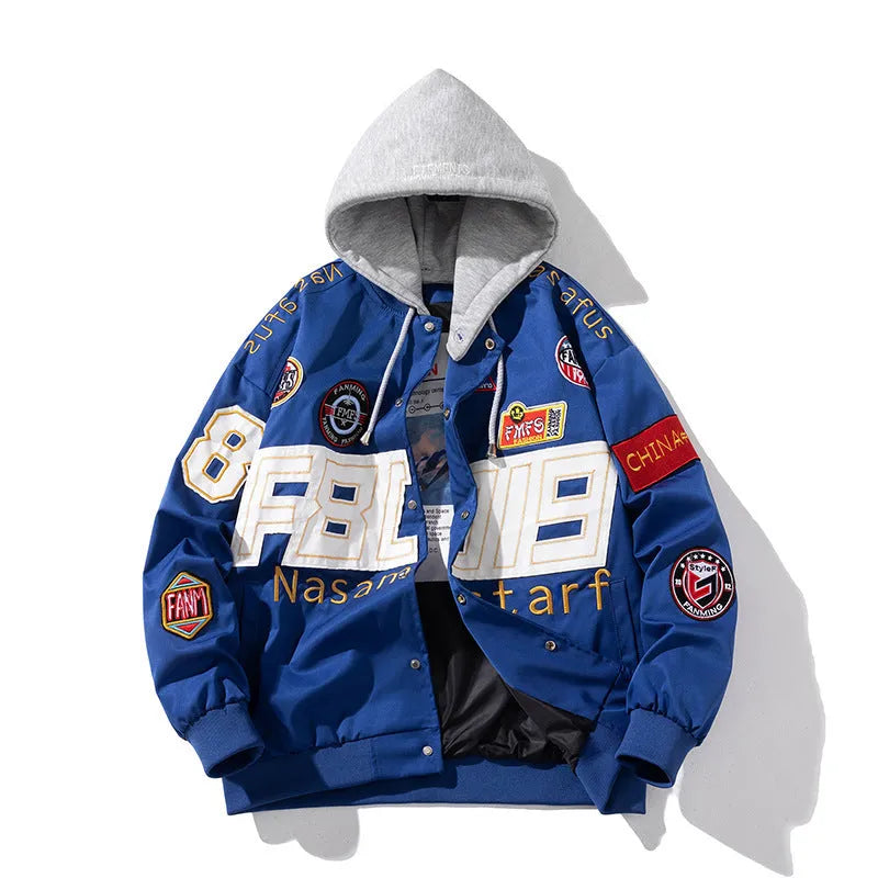 Black blue red American motorcycle baseball uniform with hooded detachable cotton padded options