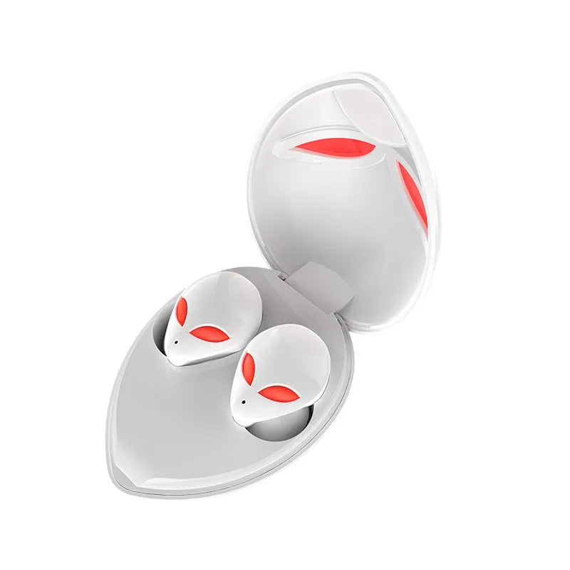 Creative Outer T8 Starman black and white alien design Bluetooth earbuds with coloured lights and wireless charging case.