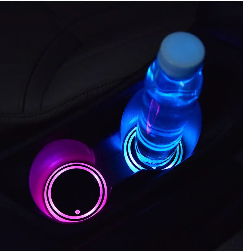 LED light-up coaster for car cup holder showing colourful illumination and 68mm diameter