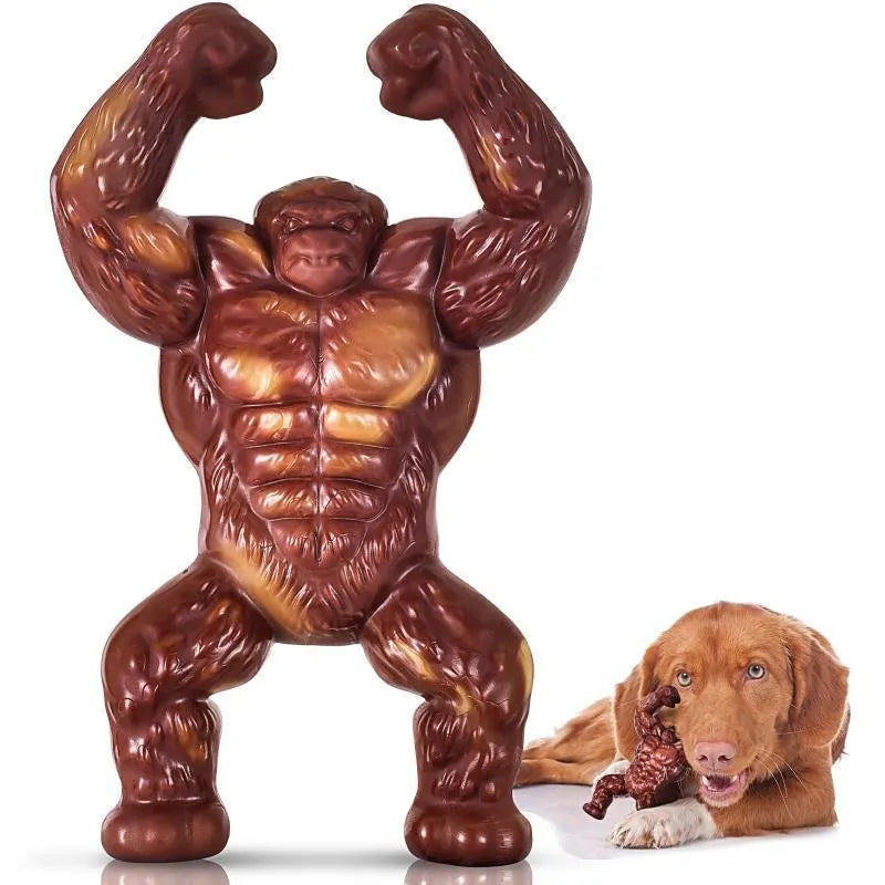 Scarlet red beef flavour nylon dog chew toy for molar nibbling, showing size scale.