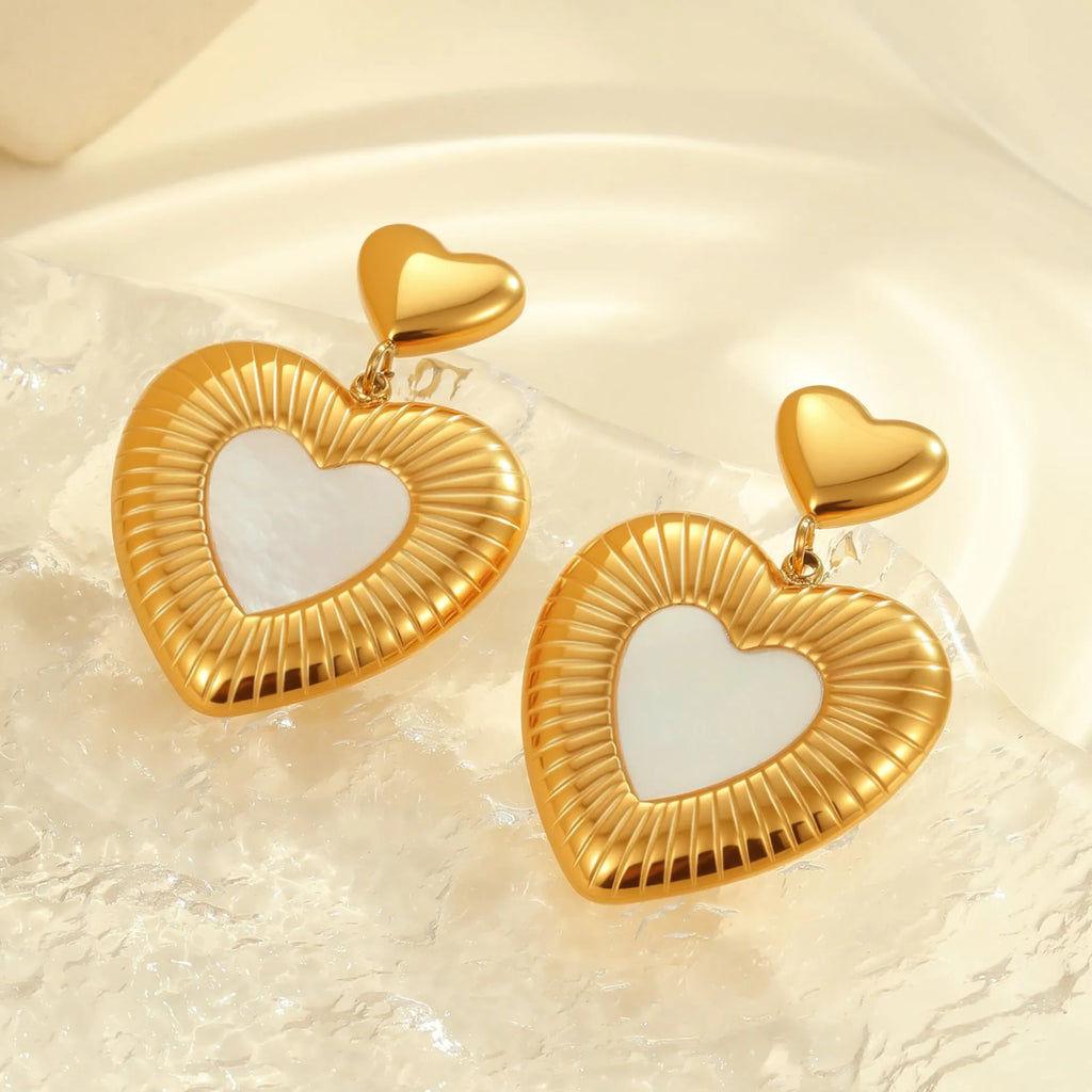 Heart-shaped gold electroplated stainless steel fritillary drop earrings for women
