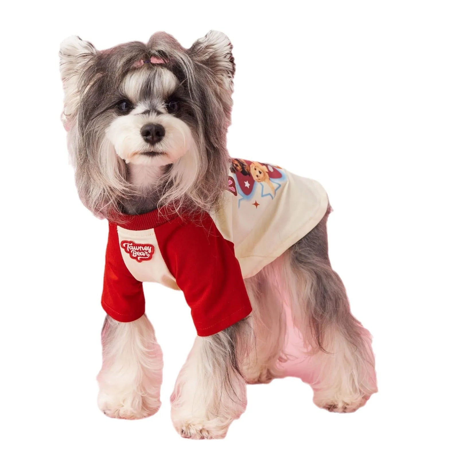 Cotton dog summer clothes with embroidery in red or pink colours, sizes XS to XXL