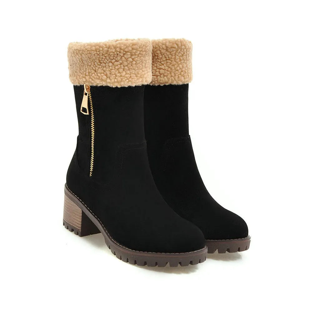 Snow boots with rubber sole and plush lining in black, grey, green, or orange.