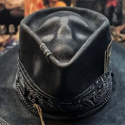 Handmade wool felt denim skull hat with conical crown for Halloween costume events