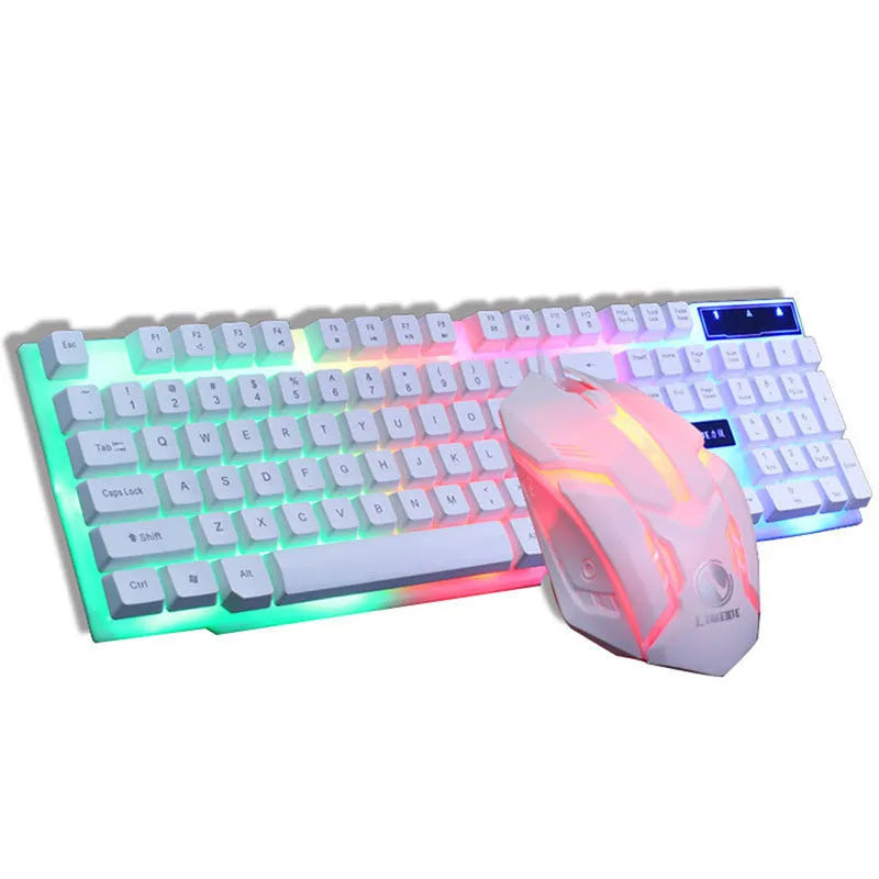 GTX300 black and white wired gaming keyboard and mouse set with backlit keys on desk.