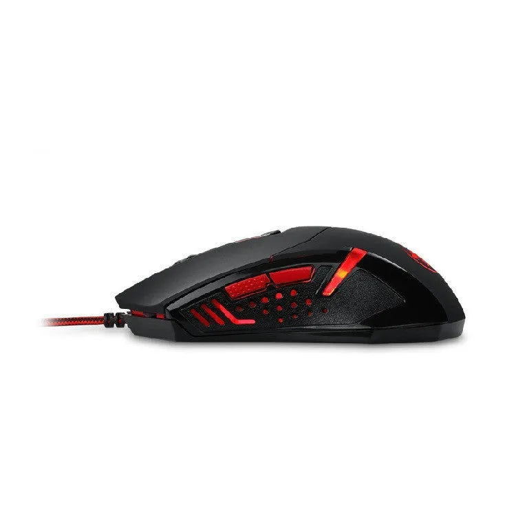 Black and red USB wired gaming mouse with six buttons and adjustable DPI settings on a desktop.