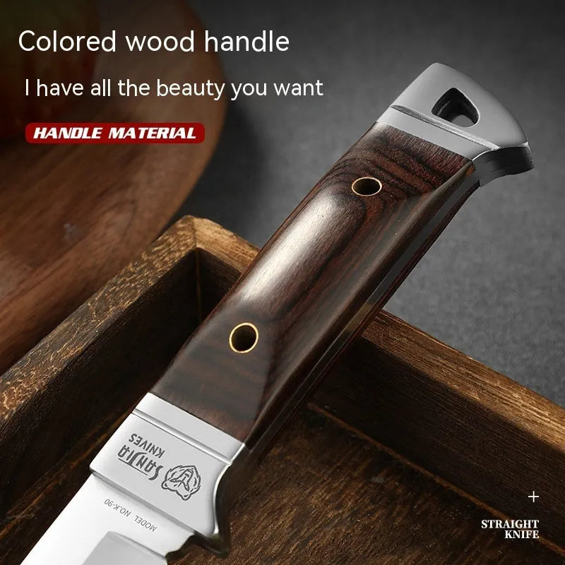 Stainless steel camping fruit knife with a leather protective case.
