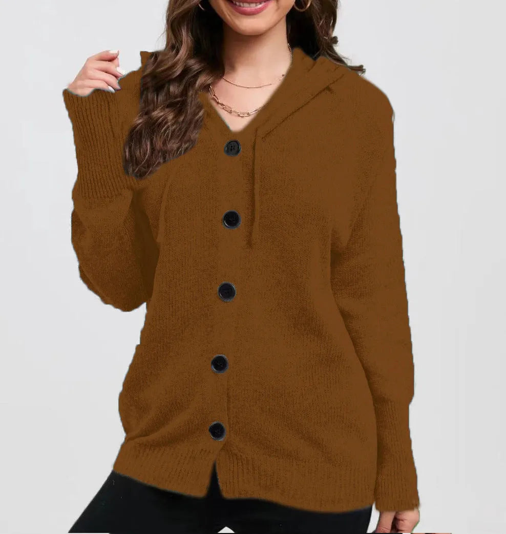 Women's solid colour hooded cotton cardigan sweater in a loose fit, shown in one of six available colours.