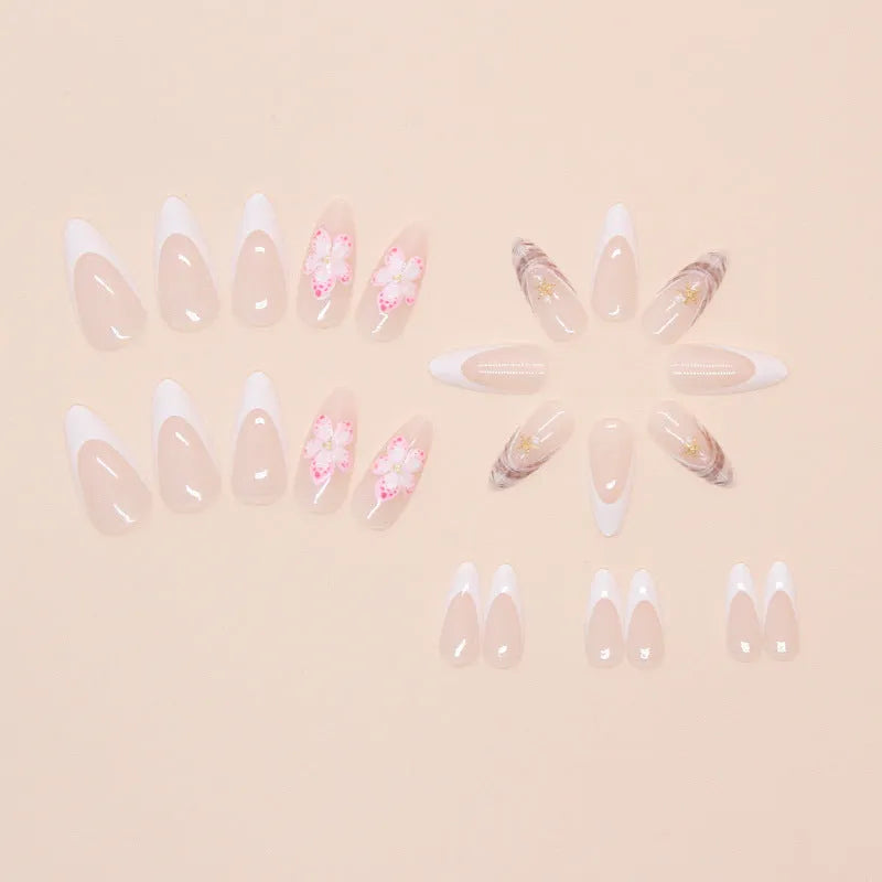 French style fake nails with rock pattern patches and simple flower design in plastic storage case