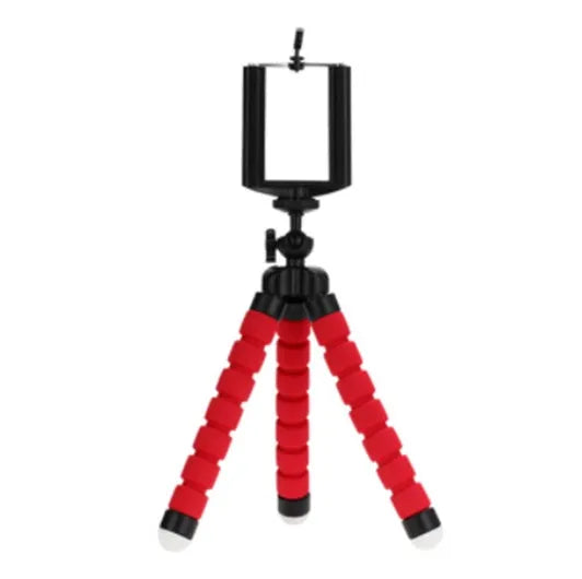 Black flexible octopus tripod with bent legs wrapped around a pole, holding a smartphone.