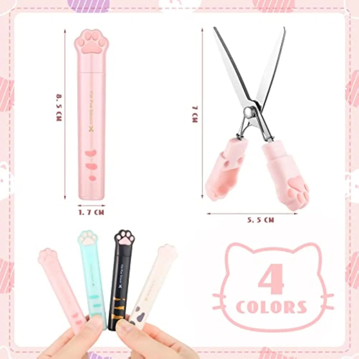 Closed pink cat paw mini folding safety scissors showing the cartoon handle design.