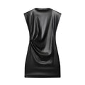 Black women's faux leather padded shoulder short dress with asymmetric hem and hooded design