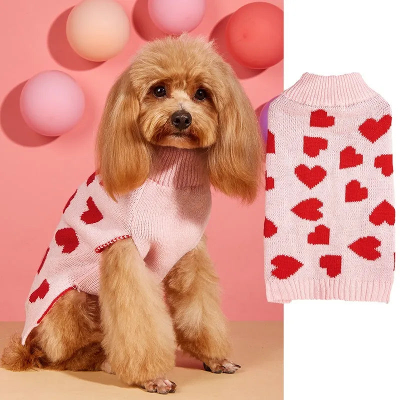 Acrylic knit dog sweater with bow and heart design in various colour patterns