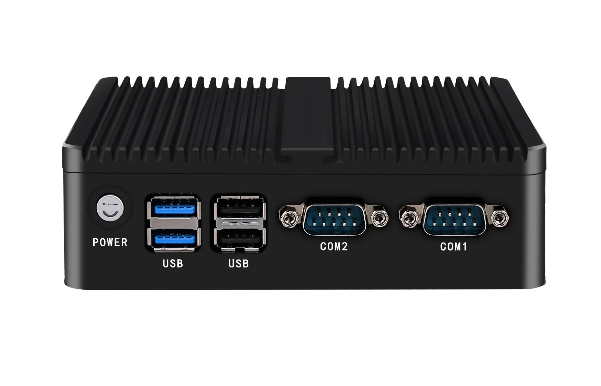 Industrial fanless mini-host measuring 13.6 x 12.7 x 4 cm with quad-core processor and dual-network ports