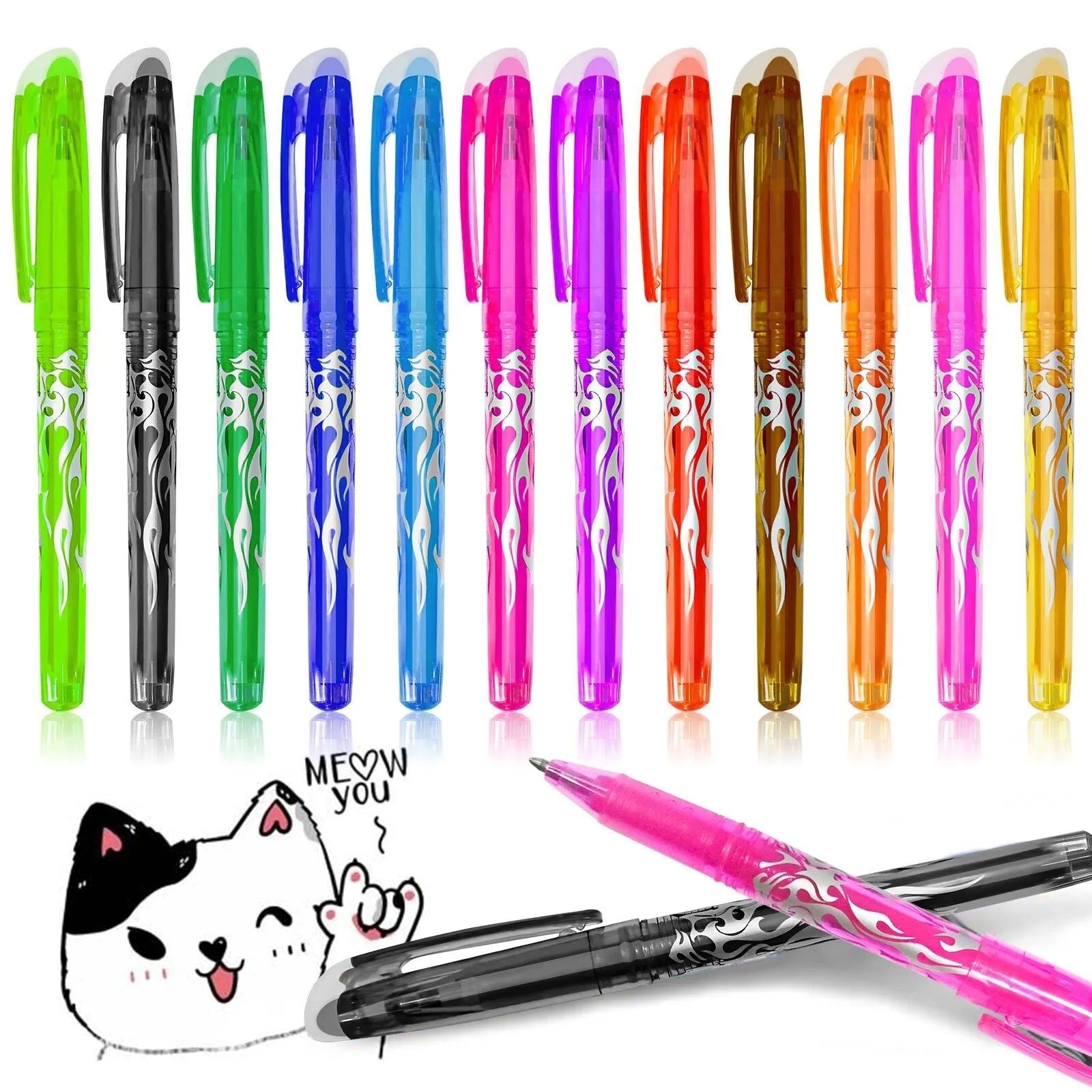Heat-erasable gel pen set with plastic body, stainless steel nib, and assorted colours in 0.5mm and 0.7mm sizes